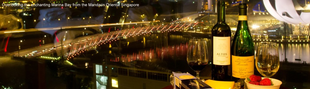 Delightful 2009 Altos de la Hoya of Jumilla (Spain) and 2010 Cantine Volpi Piemonte Moscato (Italy) with cheese and fruit, enjoying them with the spectacular view to the new Marina Bay in Singapore